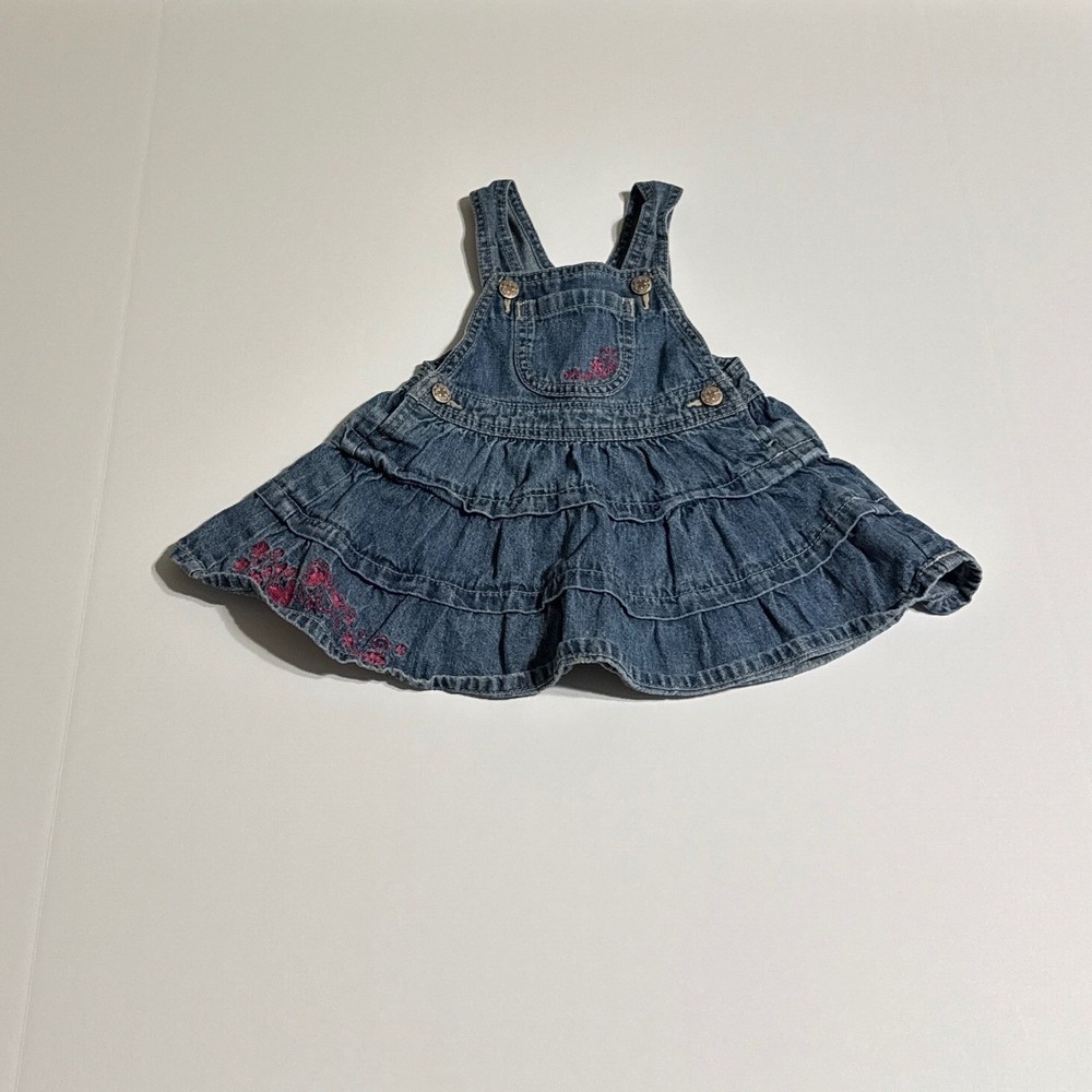 OshKosh Bgosh Baby Girls Blue Denim Tiered Ruffle Jumper Dress Floral 18 Months